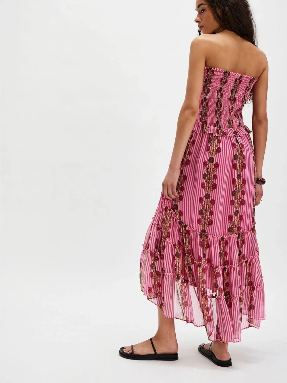 Free People Pink Striped Floral Asymmetrical Maxi Dress